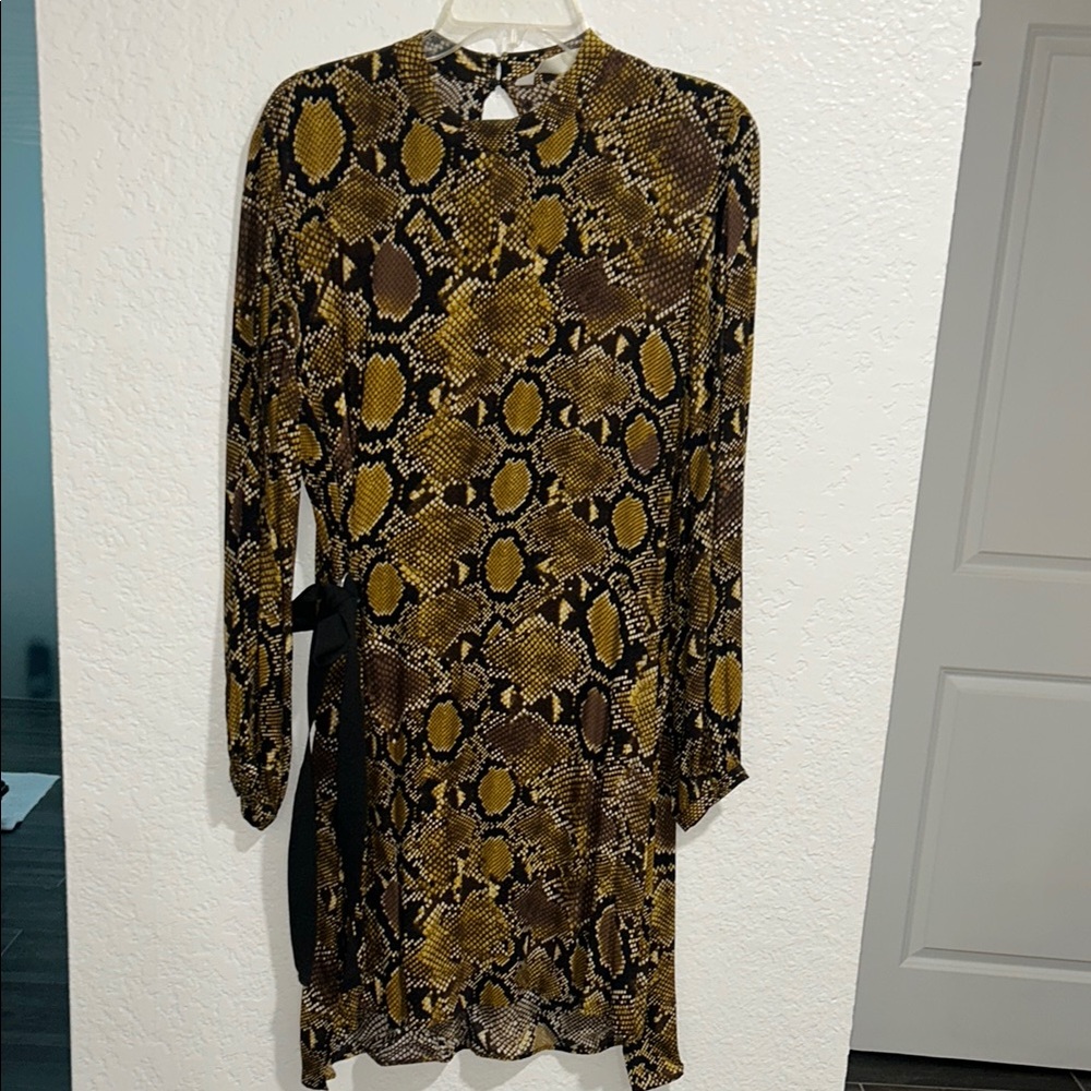 Zara Long Sleeve Snake Print Dress - Brown and Yellow